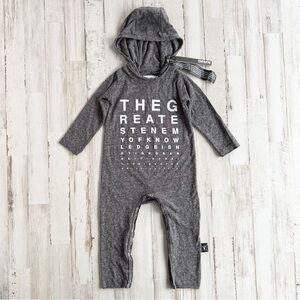 NUNUNU Vision Test Hooded Playsuit Charcoal 12–18M Long Sleeve Romper NWT